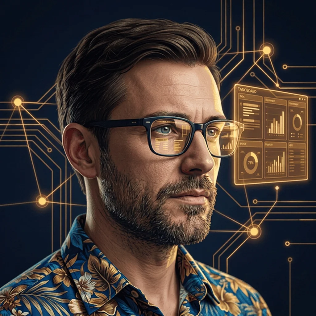 KI-generiertes Porträt: Jonas, virtueller KI-Assistent für Projektmanagement – keine reale Person